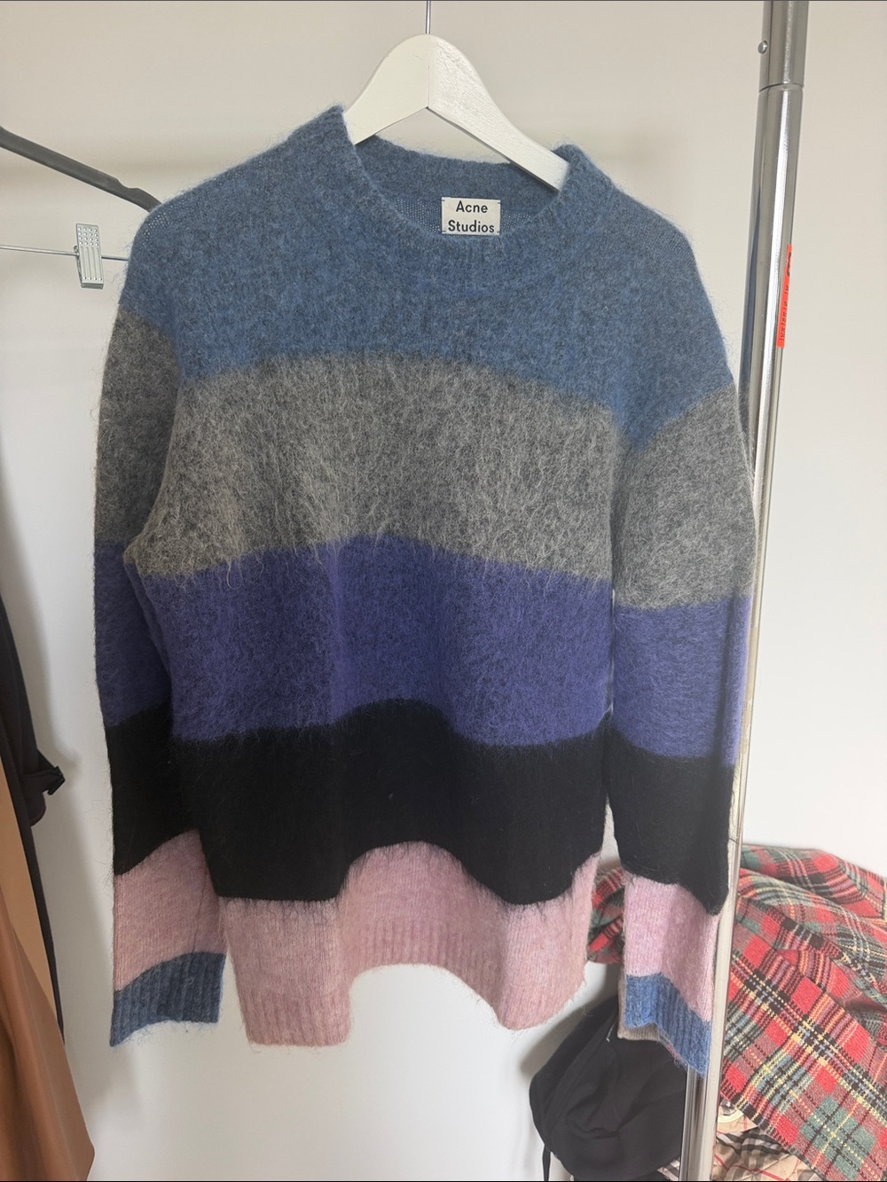 Acne Studios Mohair-Blend Crewneck Sweater in Blue, Gray, Purple, Black & Pink